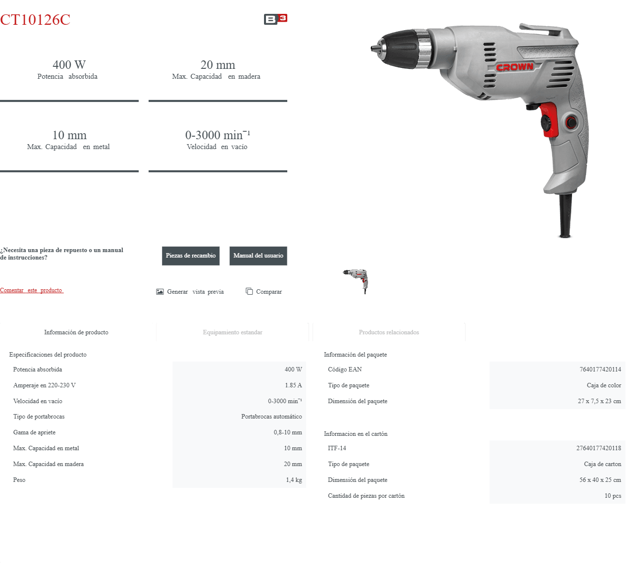 Taladro Eléctrico CROWN | 400W - GLOBALTEC PROFESSIONAL