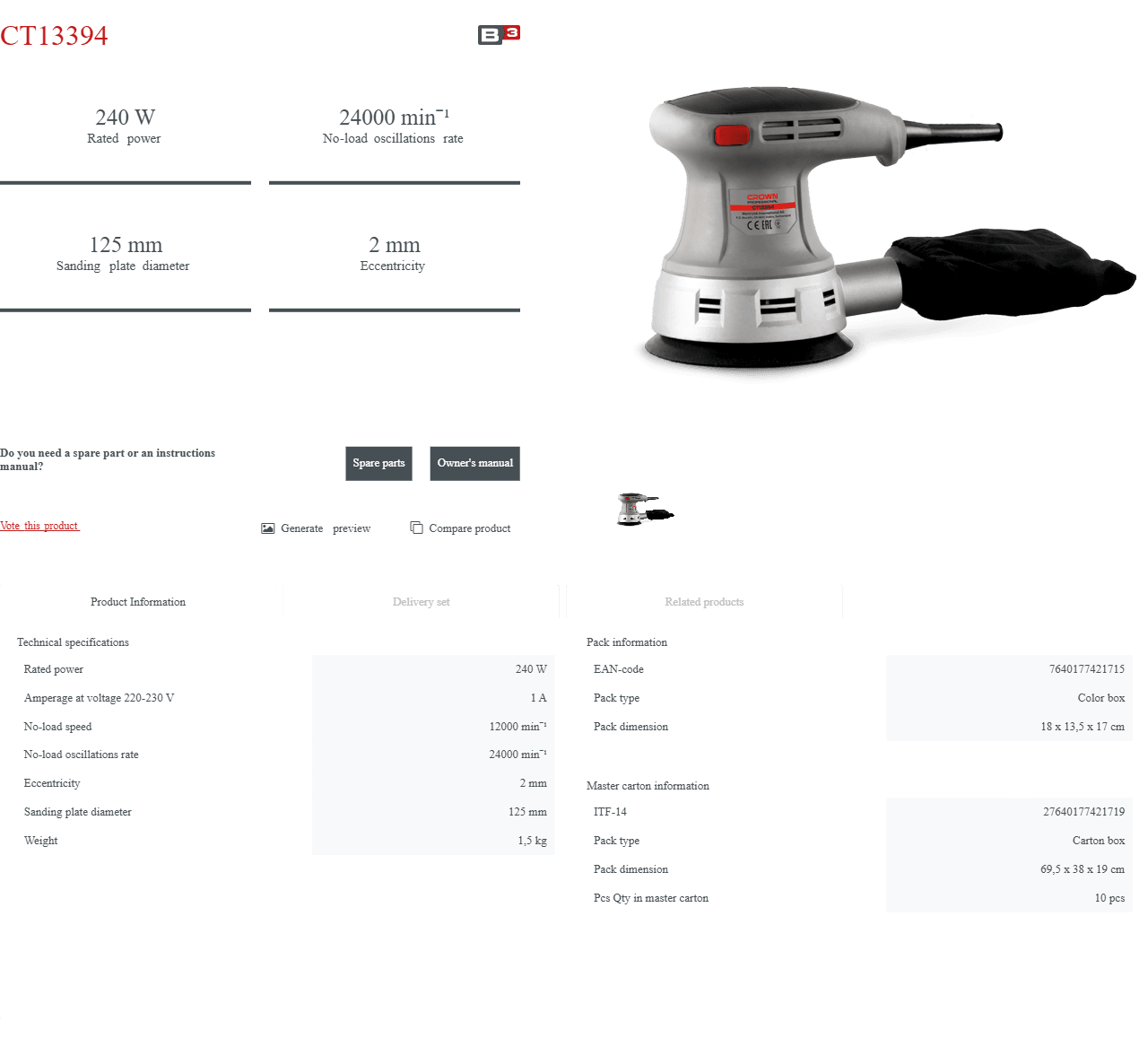 Lijadora Excéntrica Crown CT13394 | 240 W - GLOBALTEC PROFESSIONAL