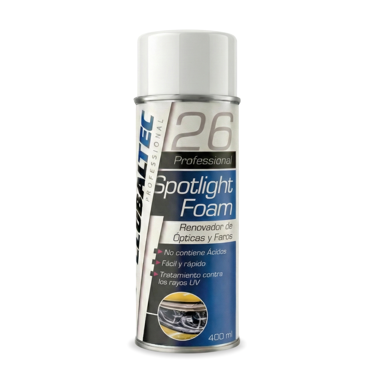 Renovador de faros en espuma 200 ml Spotlight Foam de Globaltec Professional, elimina el amarilleo sin lijar