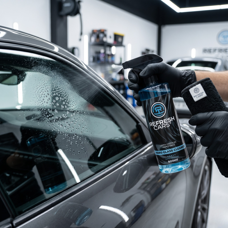 Aplicación del tratamiento hidrofóbico antilluvia en el parabrisas del coche, Refresh Cars