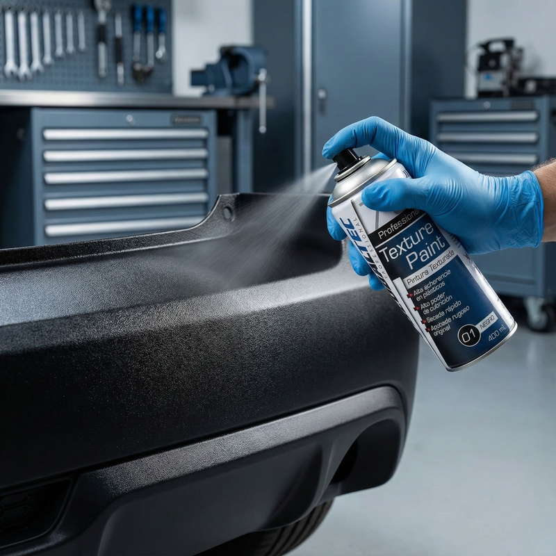 Aplicación de pintura negro mate en molduras y parachoques de plástico del coche