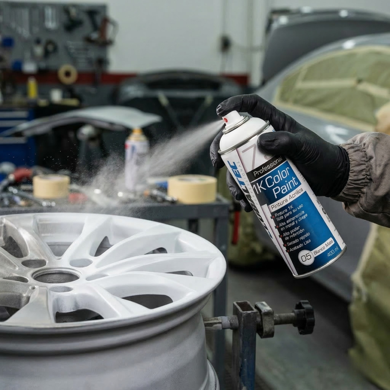 Aplicación de pintura en spray blanco mate para reparar piezas metálicas Globaltec Professional