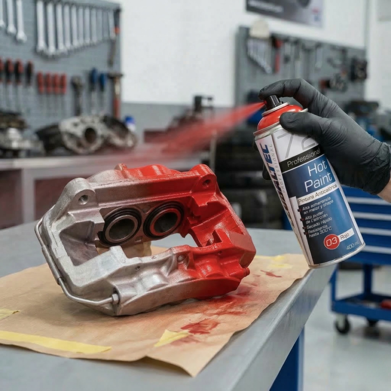 Aplicación de aerosol anticalórico rojo en tubo de escape y colector de motor, Globaltec Professional