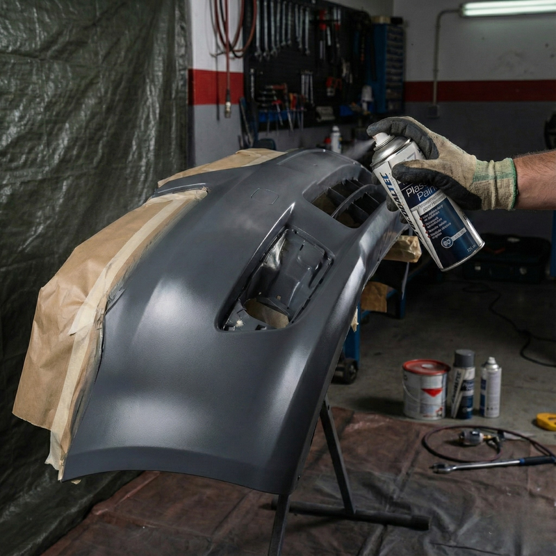 Aplicación de pintura gris VAG en parachoques y molduras de plástico Globaltec Professional