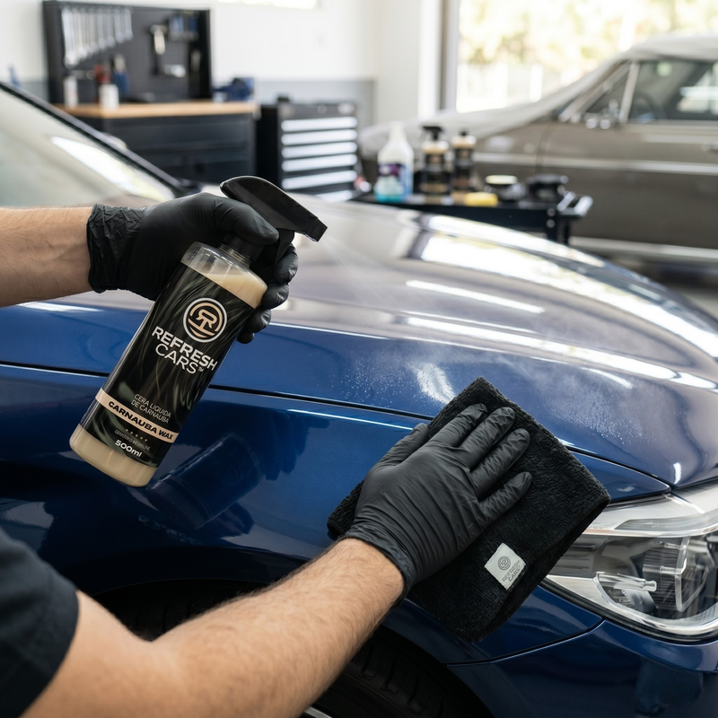 Aplicación de cera de carnauba en spray con microfibra sobre la pintura del coche · Refresh Cars