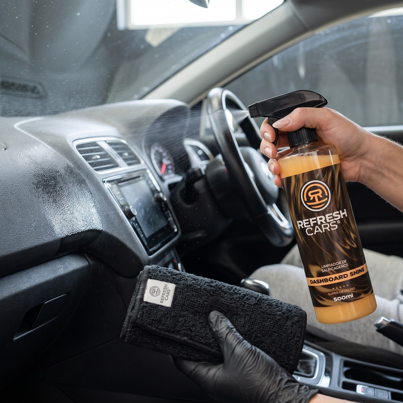 Uso del limpiador de salpicaderos Refresh Cars en las molduras del interior del coche