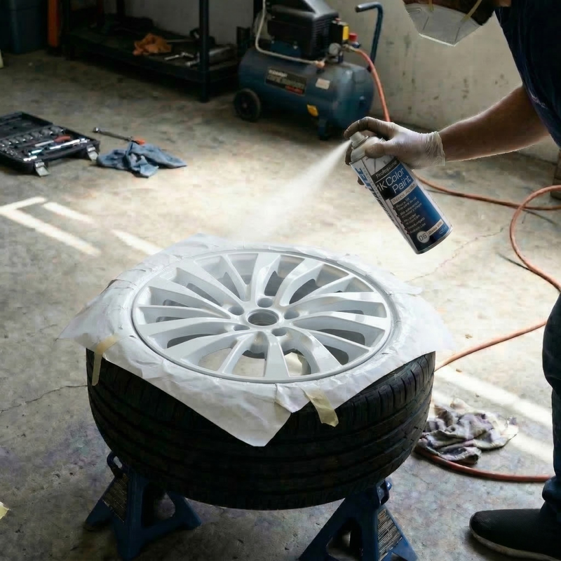 Aplicación de pintura en spray blanco brillo sobre pieza metálica con acabado tipo cabina