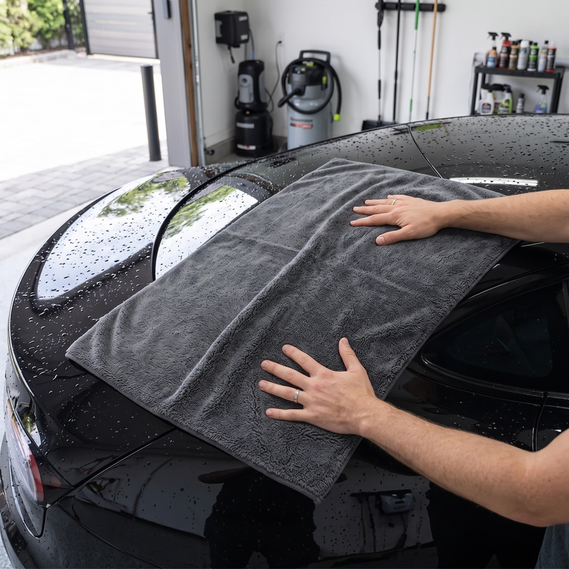 Uso de toalla de microfibra de alta absorción para secar pintura y vinilado del coche Globaltec Professional