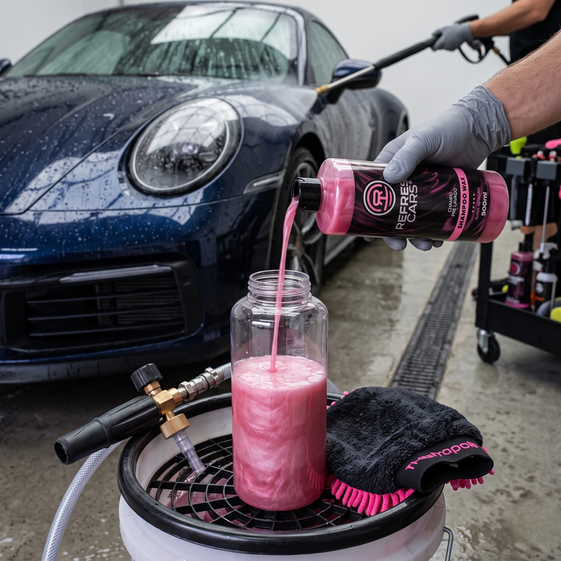 Detalle del efecto hidrofóbico y brillo tras el lavado con champú y cera Refresh Cars