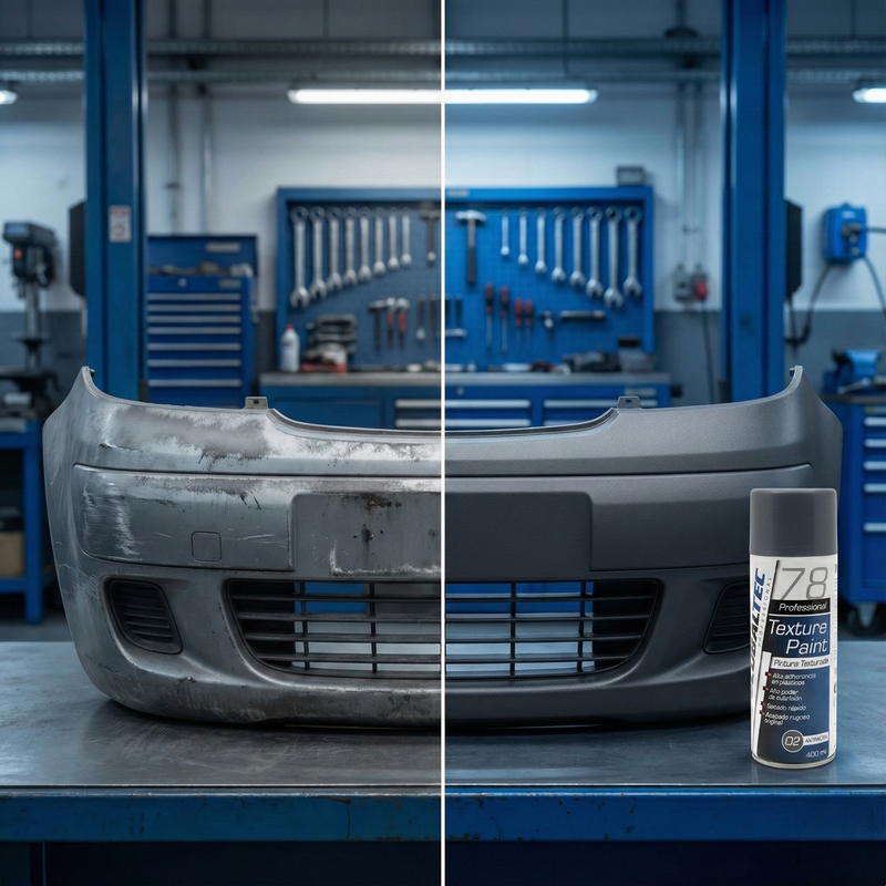 Detalle del acabado granulado tipo fábrica en pieza de plástico pintada de antracita, Globaltec Professional