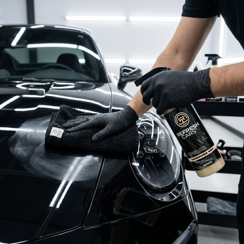 Protección hidrófoba: el agua resbala sobre la pintura encerada con cera de carnauba Refresh Cars