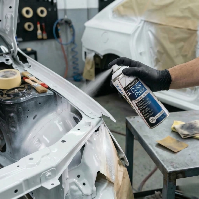 Detalle del acabado brillante y uniforme del spray blanco Globaltec Professional sobre plástico