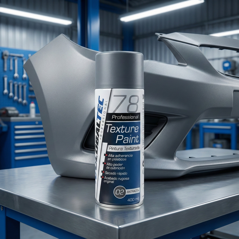 Renovación de parachoques descolorido con pintura en spray antracita para plásticos Globaltec Professional