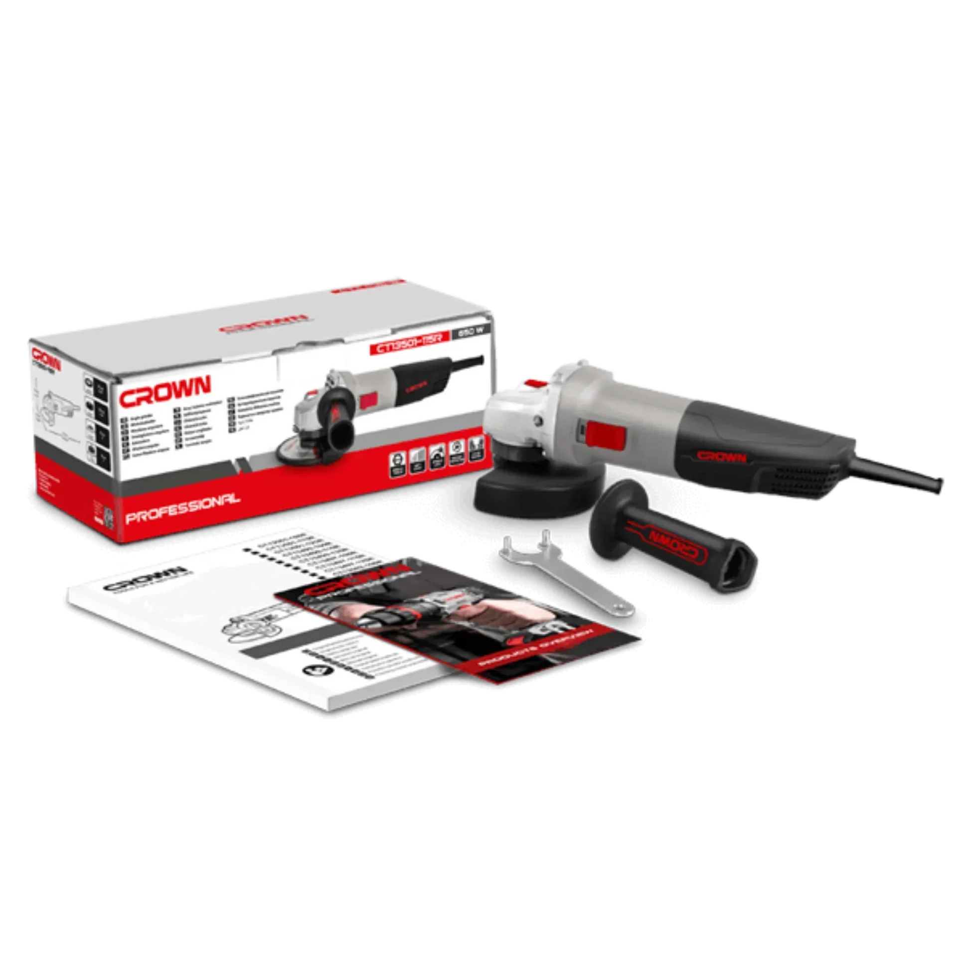 Amoladora Angular Crown CT13501-115R – 115 mm, 650 W, 11.000 rpm, rosca M14 | Corte, desbaste y pulido en metal y piedra – Ligera 1,8 kg; diseño compacto - GLOBALTEC PROFESSIONAL