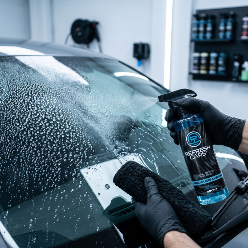 Detalle del pulverizador spray del limpiacristales hidrofóbico para coche, Refresh Cars
