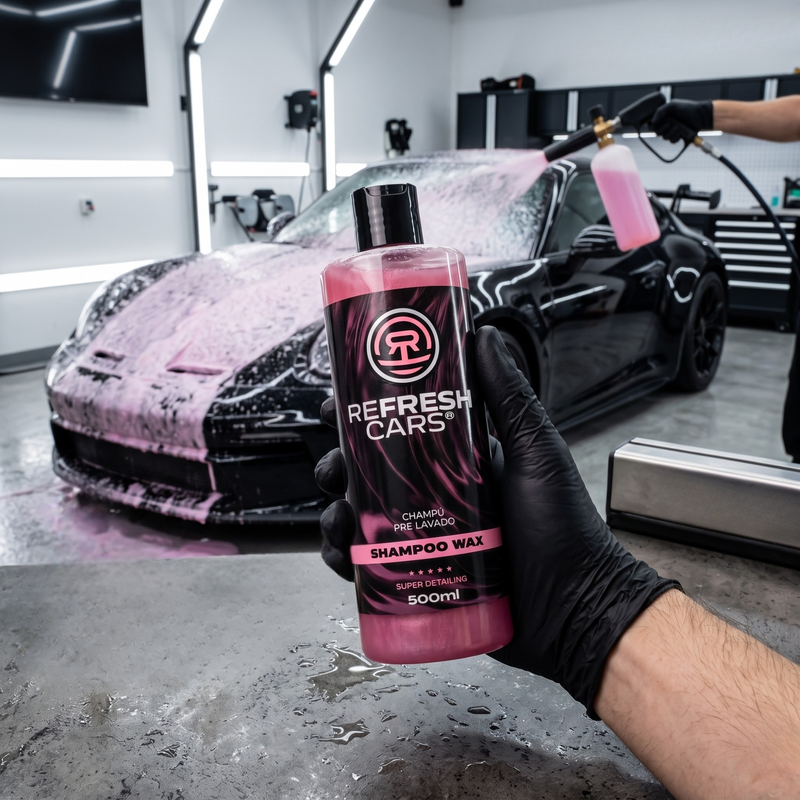 Lavado del coche con guante de microfibra usando champú con cera Refresh Cars
