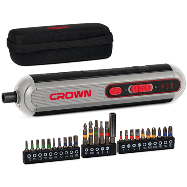 Destornillador Inalámbrico Crown CT22053TB – 4 V 2 Ah Li-ion, 5 Nm, 260 rpm, portaherramientas 1/4" hex, USB-C | Kit con 26 puntas y estuche, reversa y par regulable - GLOBALTEC PROFESSIONAL