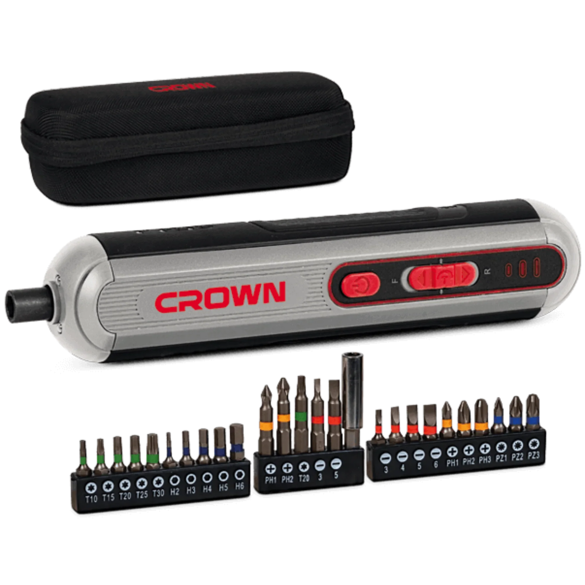 Destornillador Inalámbrico Crown CT22053TB – 4 V 2 Ah Li-ion, 5 Nm, 260 rpm, portaherramientas 1/4" hex, USB-C | Kit con 26 puntas y estuche, reversa y par regulable - GLOBALTEC PROFESSIONAL