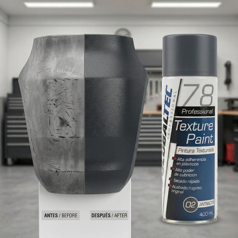 Uso en paneles laterales de plástico con pintura texturizada antracita en aerosol, Globaltec Professional