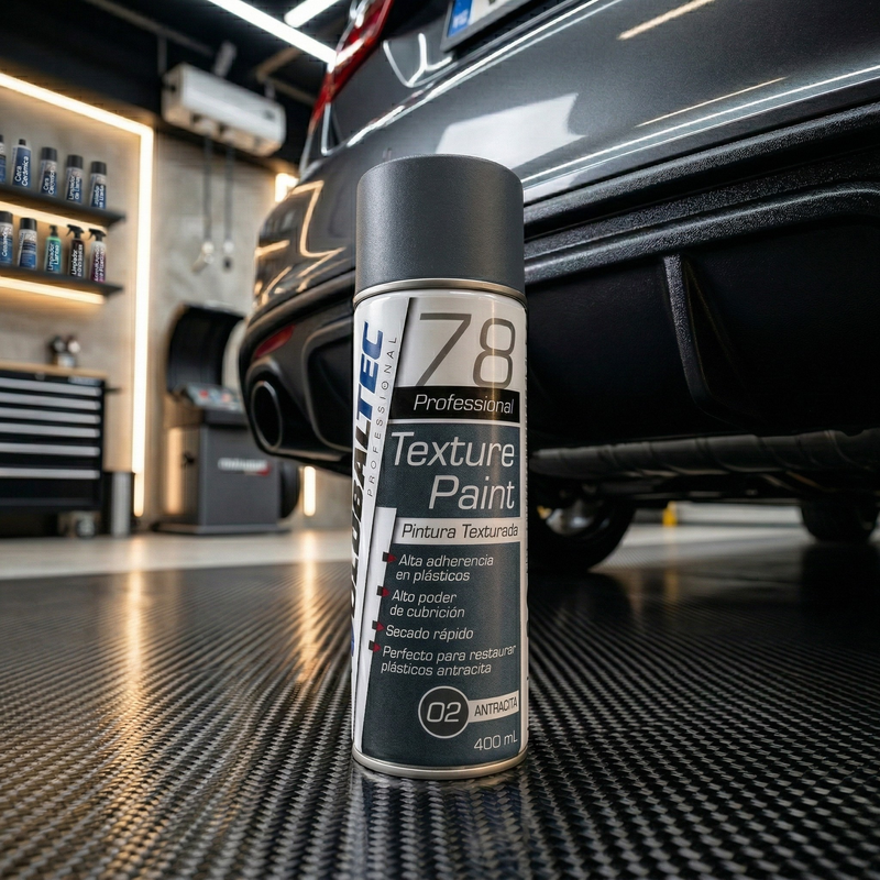 Detalle de bote aerosol de pintura texturizada antracita para automoción, Globaltec Professional