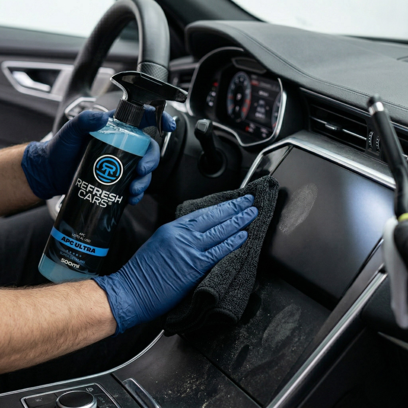 Limpiador multiusos sin diluir Refresh Cars aplicado sobre tapicería y asientos del coche