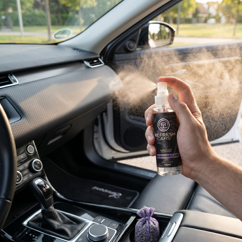 Aplicación del ambientador en spray de lavanda hacia el aire del coche para un aroma relajante Refresh Cars