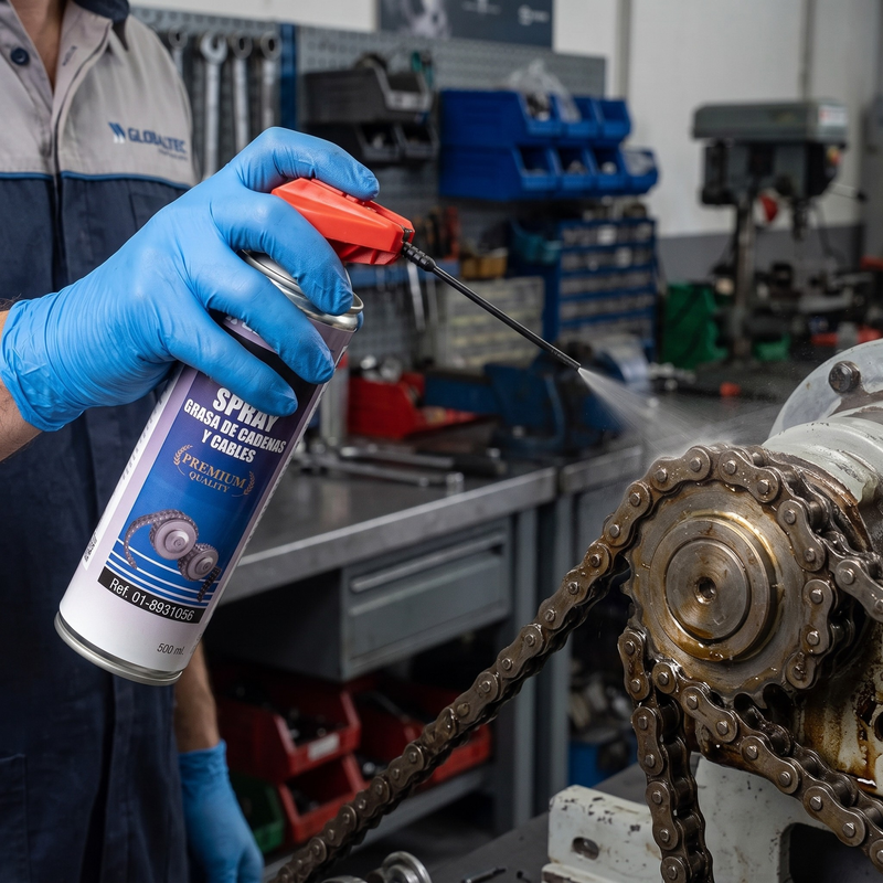Aplicación de grasa en spray sobre cadena de transmisión, lubricación adherente Globaltec Professional