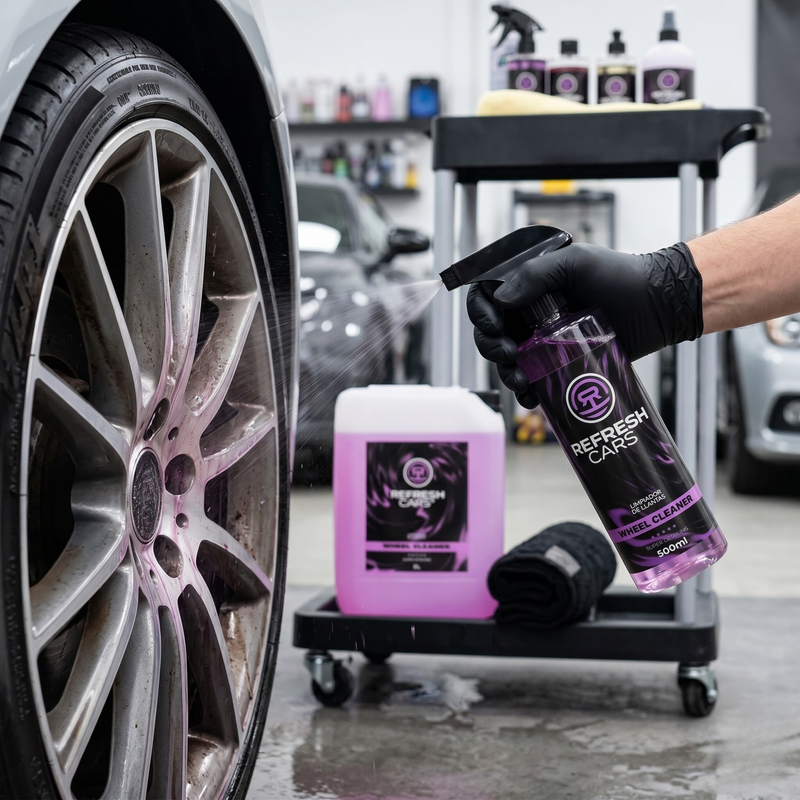 Detalle del limpia llantas Refresh Cars virando a violeta al descontaminar las partículas de hierro