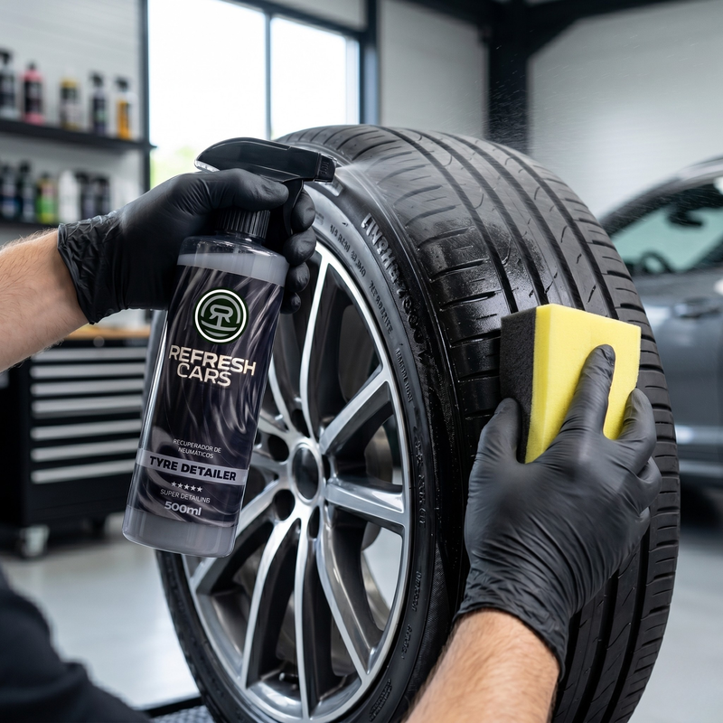 Neumático tratado con recuperador Refresh Cars, negro intenso duradero que no mancha suelo ni llantas