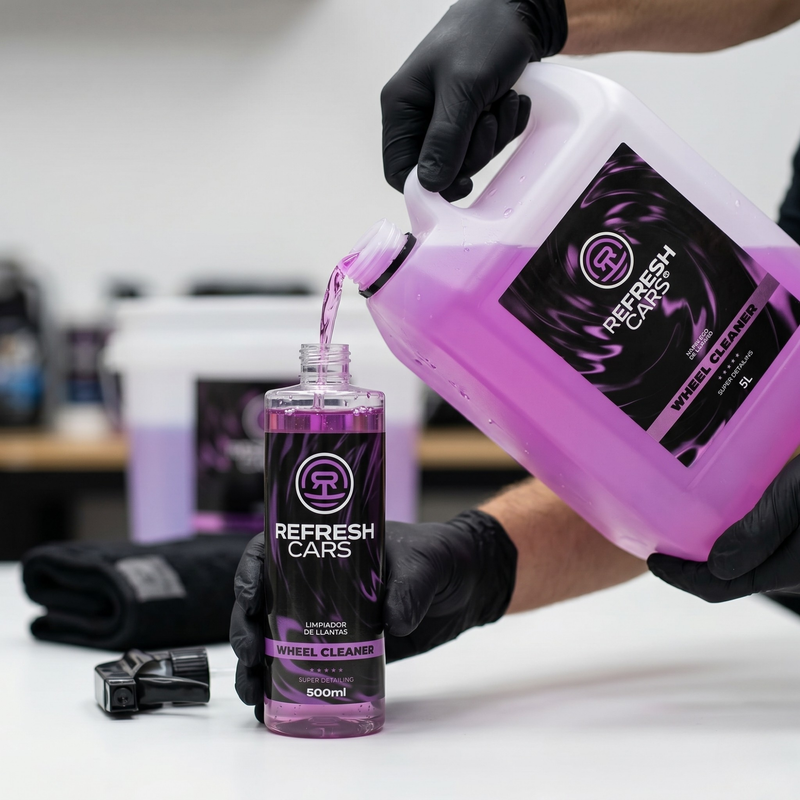 Uso del limpia llantas 6 L Refresh Cars en aluminio pintado y llantas cromadas del taller