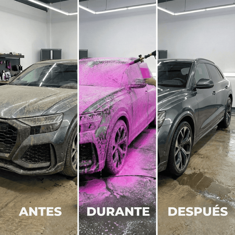 Uso del champú de espuma rosa en el lavado con cubo y guante de microfibra, Refresh Cars