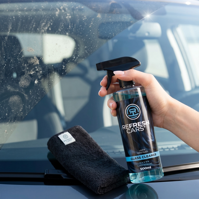 Uso profesional del limpiacristales 6 L en espejos y superficies acristaladas, Refresh Cars