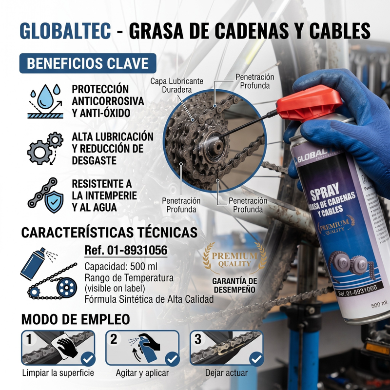 Grasa en aerosol que no se proyecta para cadenas, resiste agua y corrosión Globaltec Professional