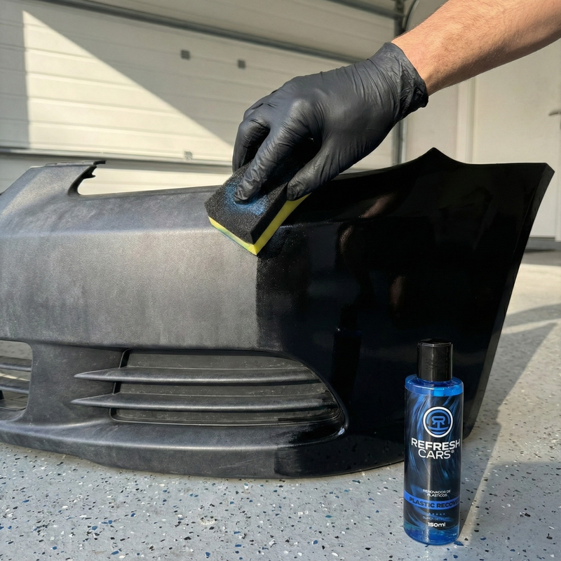 Detalle del acabado negro mate sin brillo graso del renovador de plásticos Refresh Cars
