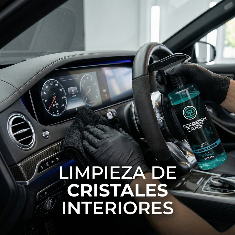 Uso del limpiacristales en lunas y ventanas del coche para una transparencia total, Refresh Cars