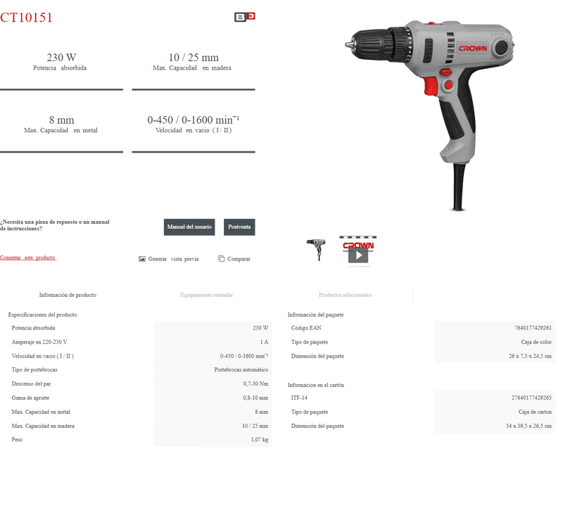 Detalle del taladro atornillador Crown Professional 230W para perforar madera, metal y atornillar
