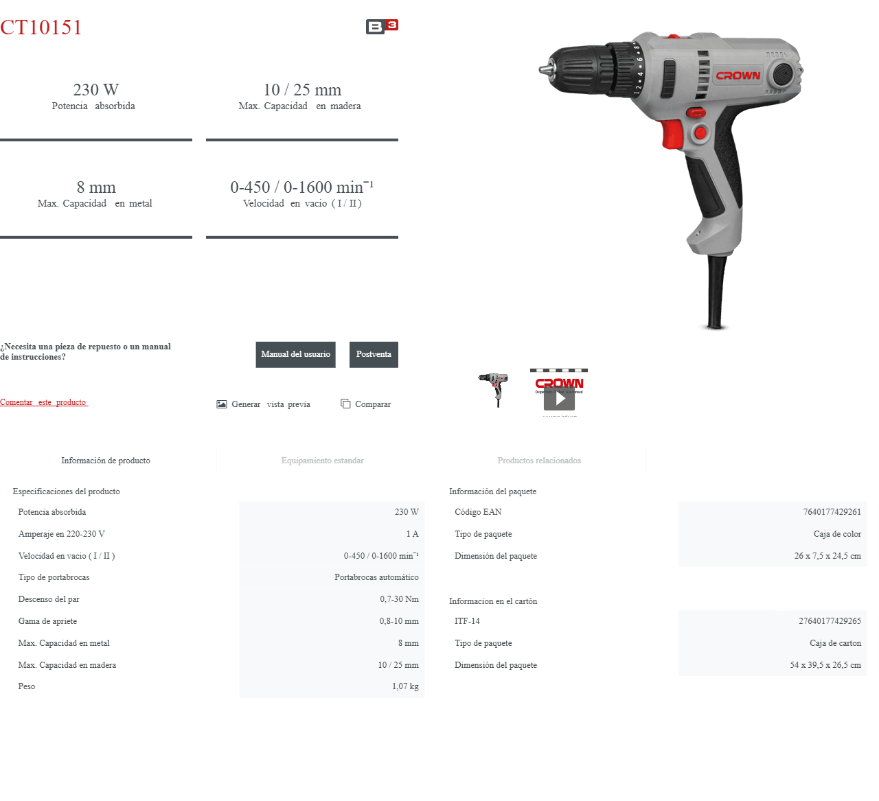 Taladro Atornillador CROWN | 230W - GLOBALTEC PROFESSIONAL