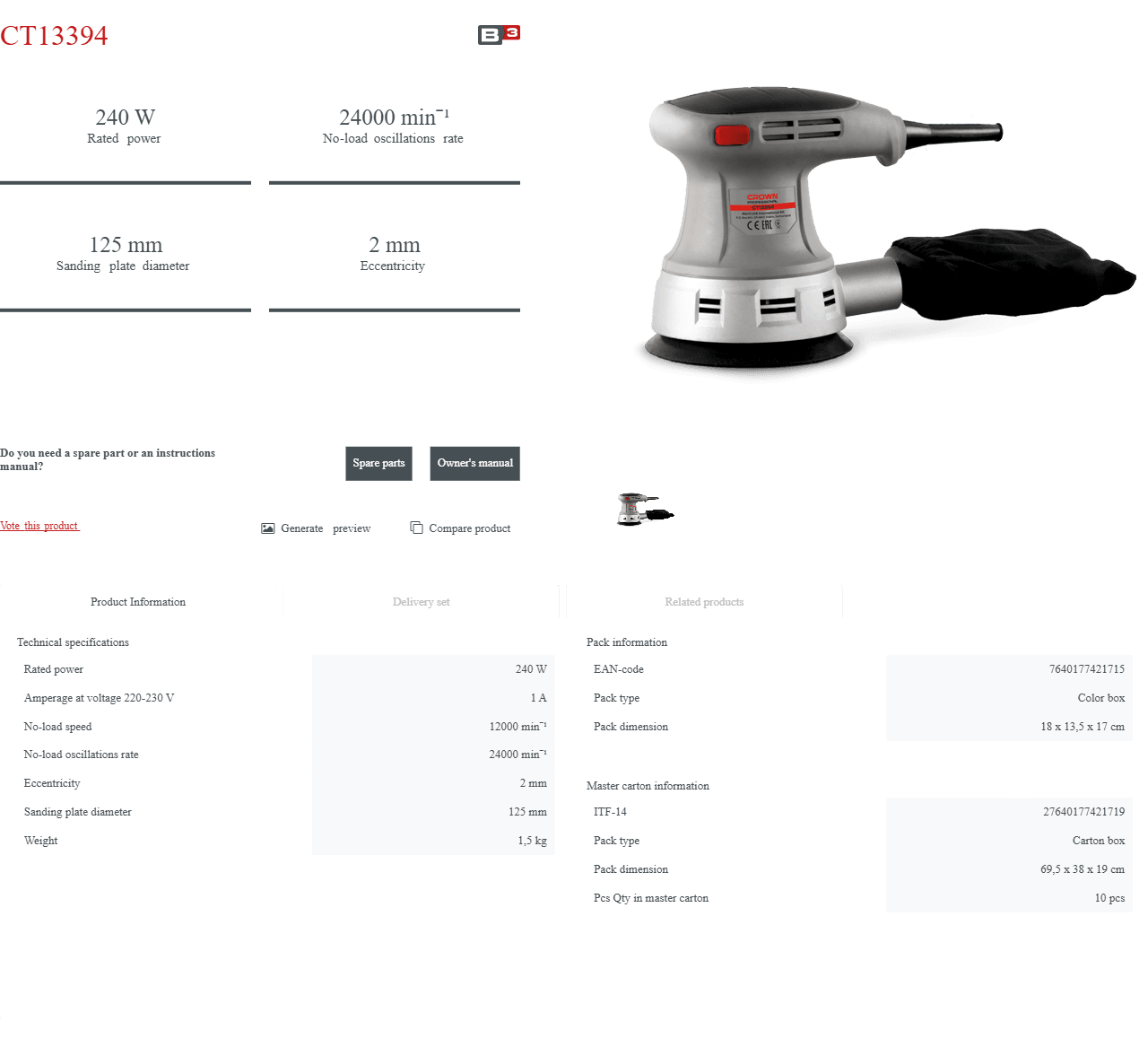 Lijadora Excéntrica Crown CT13301 | 240 W - GLOBALTEC PROFESSIONAL