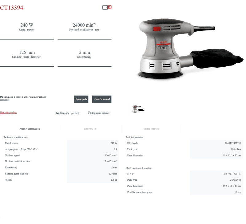 Lijadora Excéntrica Crown CT13394 | 240 W - GLOBALTEC PROFESSIONAL