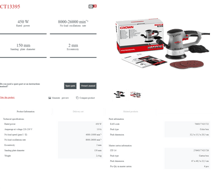 Lijadora Excéntrica Crown CT13303 | 450 W - GLOBALTEC PROFESSIONAL