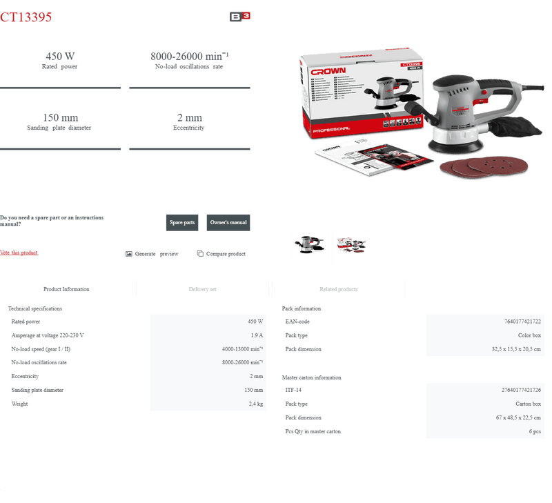 Lijadora Excéntrica Crown CT13395 | 450 W - GLOBALTEC PROFESSIONAL