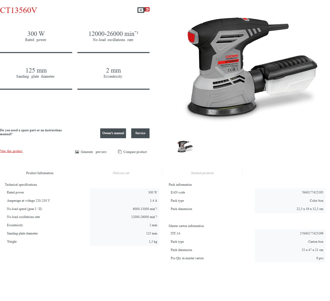 Lijadora Excéntrica Crown CT13302 | 300 W - GLOBALTEC PROFESSIONAL