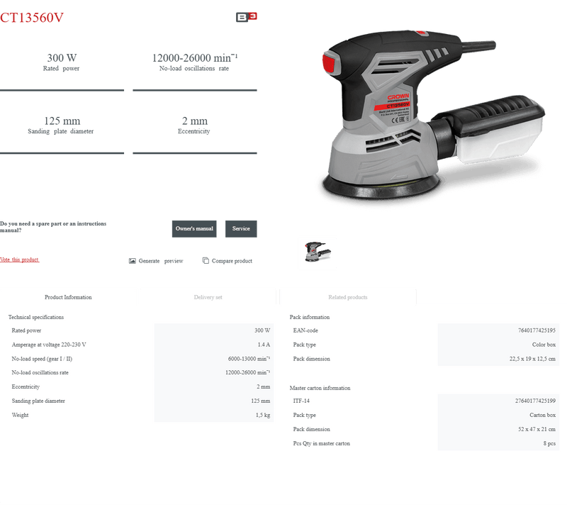 Lijadora Excéntrica Crown CT13560V | 300 W - GLOBALTEC PROFESSIONAL