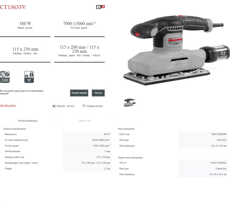 Lijadora Orbital Crown CT13633V | 380 W - GLOBALTEC PROFESSIONAL
