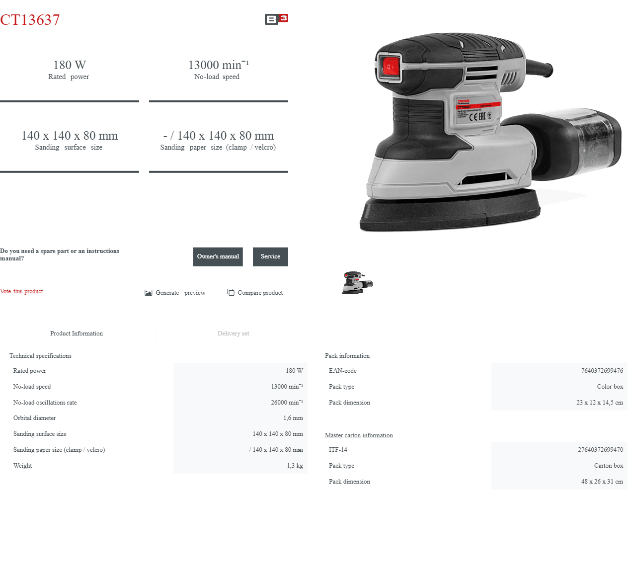 Lijadora Orbital Crown CT13637 | 180W - GLOBALTEC PROFESSIONAL