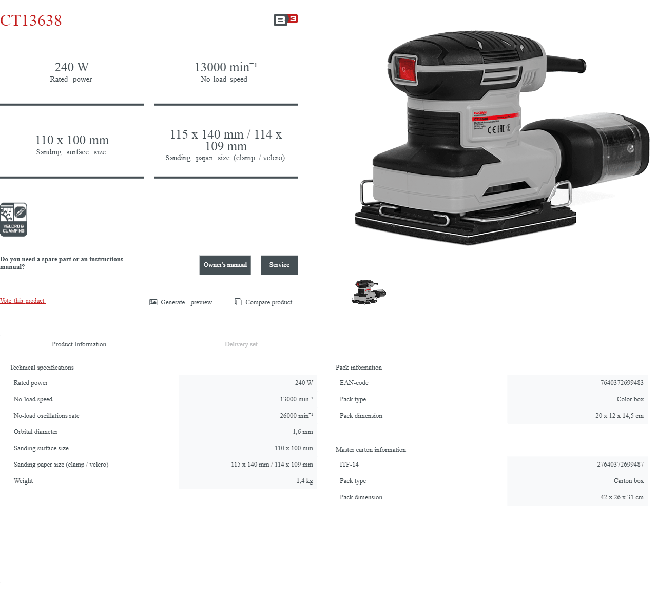 Lijadora Orbital Crown CT13638 | 240 W - GLOBALTEC PROFESSIONAL