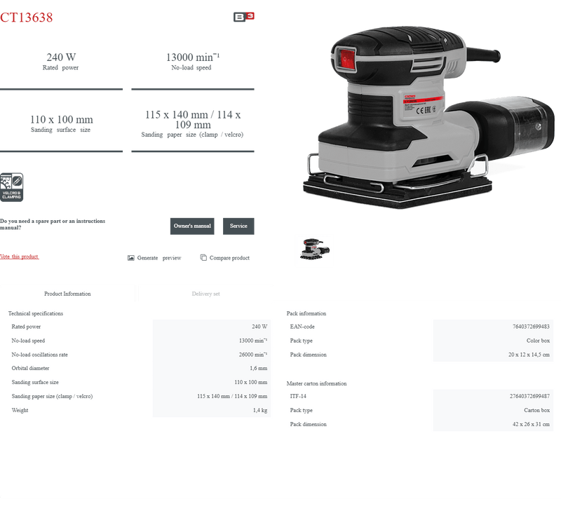 Lijadora Orbital Crown CT13638 | 240 W - GLOBALTEC PROFESSIONAL