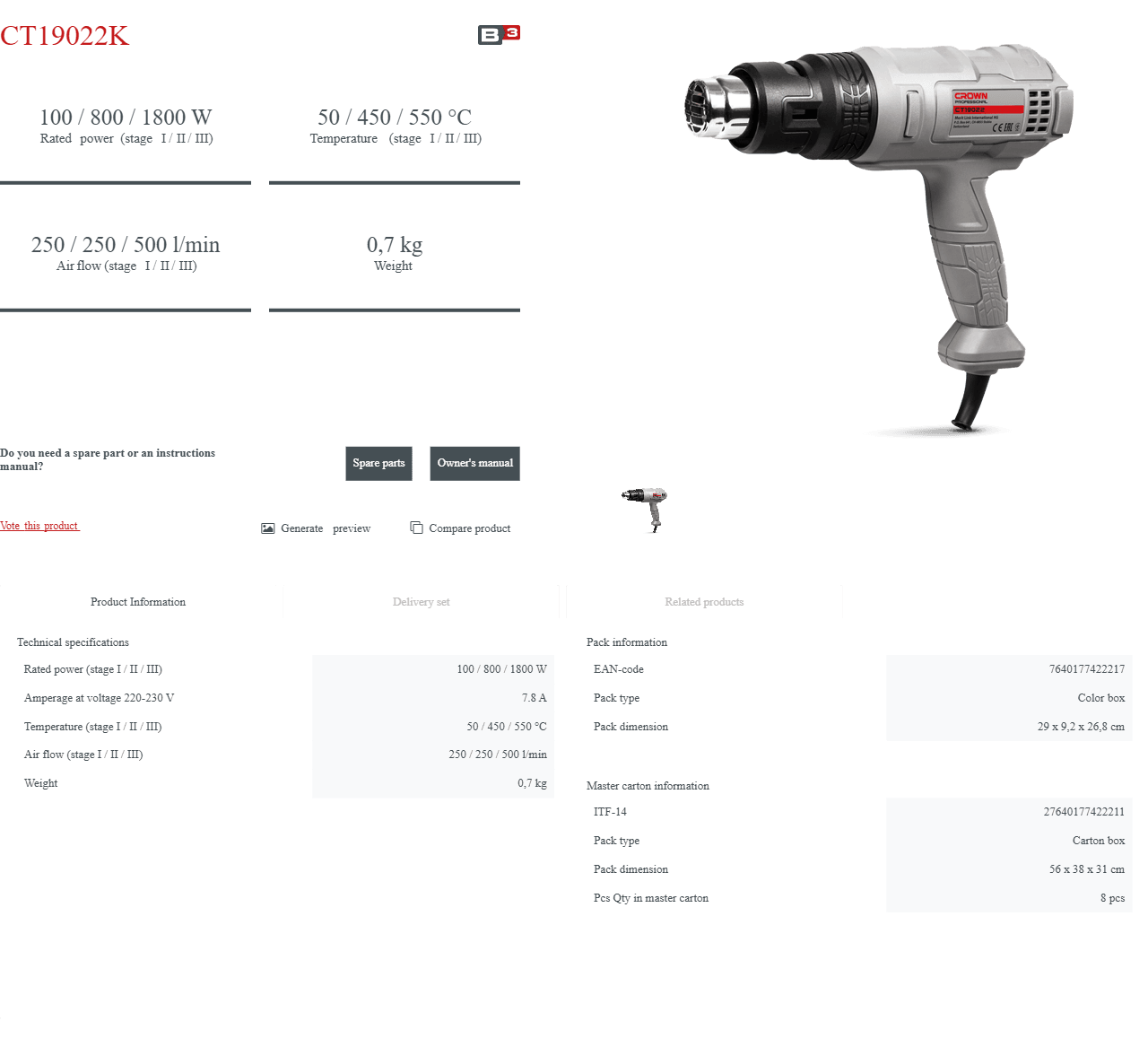 Pistola de Aire Caliente Crown CT42005 | 1800 W - GLOBALTEC PROFESSIONAL