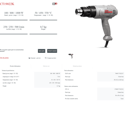 Pistola de Aire Caliente Crown CT42005 | 1800 W - GLOBALTEC PROFESSIONAL