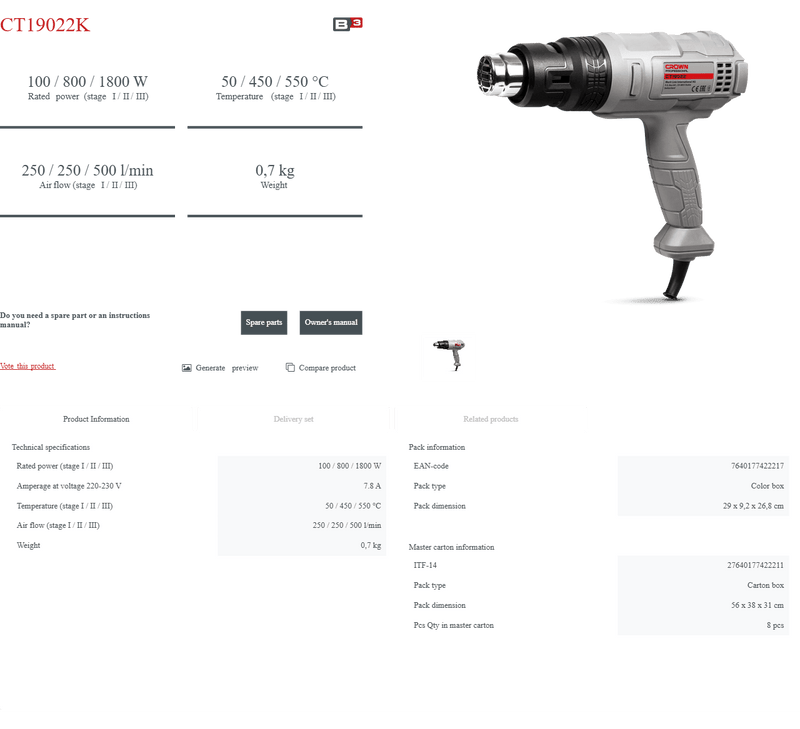 Pistola de Aire Caliente Crown CT19022K | 1800 W - GLOBALTEC PROFESSIONAL